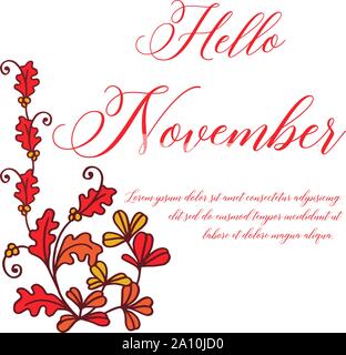 Lettering ciao novembre su sfondo bianco, con una decorazione di foglie di autunno telaio. Vettore Illustrazione Vettoriale