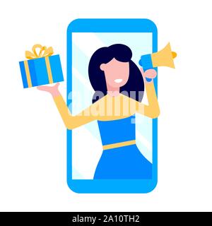 Fare riferimento a un amico appartamento stile design illustrazione vettoriale isolati su sfondo bianco. Donna con megafono e confezione regalo standin fino in smartphone e Illustrazione Vettoriale