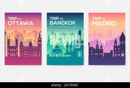 Informazioni sul viaggio le carte. Modello di paesaggio di flyear, riviste, poster, la copertina del libro, banner. Paese del Cile, Canada, Thailandia, in Spagna, in Malaysia, in Africa e in Asia, Polonia, Emirati arabi uniti e set di Gerusalemme Illustrazione Vettoriale