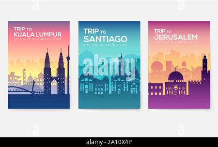 Informazioni sul viaggio le carte. Modello di paesaggio di flyear, riviste, poster, la copertina del libro, banner. Paese del Cile, Canada, Thailandia, in Spagna, in Malaysia, in Africa e in Asia, Polonia, Emirati arabi uniti e set di Gerusalemme Illustrazione Vettoriale