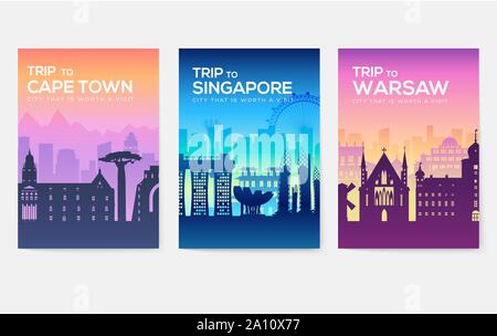 Informazioni sul viaggio le carte. Modello di paesaggio di flyear, riviste, poster, la copertina del libro, banner. Paese del Cile, Canada, Thailandia, in Spagna, in Malaysia, in Africa e in Asia, Polonia, Emirati arabi uniti e set di Gerusalemme Illustrazione Vettoriale