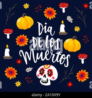 Il dia de los Muertos bigliettino, invito. Mexican giorno dei morti. Cranio ornamentali, scritte testo, zucche, funghi e foglie di autunno. Mano Illustrazione Vettoriale