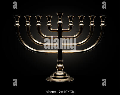 Un drammaticamente oro retroilluminato di colata di un ebreo menorah su sfondo scuro - 3D render Foto Stock