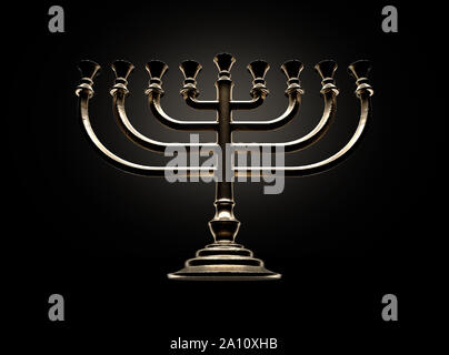 Un drammaticamente oro retroilluminato di colata di un ebreo menorah su sfondo scuro - 3D render Foto Stock