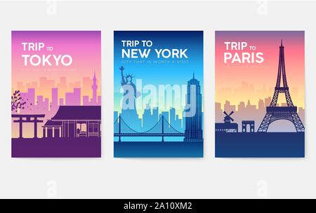 Informazioni sul viaggio le carte. Modello di paesaggio di riviste, poster, la copertina del libro, banner. Paese del Giappone, USA, Francia. Layout delle pagine della città Illustrazione Vettoriale