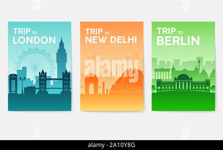 Informazioni sul viaggio le carte. Modello di paesaggio di flyear, riviste, poster, la copertina del libro, banner. Paese di Inghilterra, Cina, Germania, India, Giappone, Stati Uniti, Francia ed Egitto. Città di layout Illustrazione Vettoriale