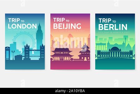 Informazioni sul viaggio le carte. Modello di paesaggio di riviste, poster, la copertina del libro, banner. Paese del Giappone, USA, Francia. Layout delle pagine della città Illustrazione Vettoriale