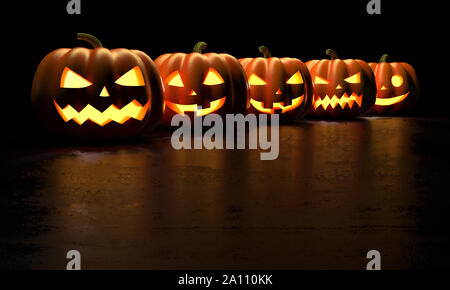 Molti Zucche di Halloween in una fila sul buio con spazio copia dello sfondo. 3D Rendering immagine Foto Stock