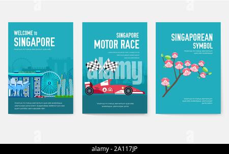 Paese Singapore travel vacation guide delle merci, i luoghi e le funzioni. Set di architettura, elementi, natura concetto di sfondo. Una infografica modello di progettazione per il web e mobile su una superficie piana Illustrazione Vettoriale