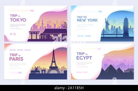 Informazioni sul viaggio le carte. Modello di paesaggio di flyear, riviste, poster, la copertina del libro, banner. Paese del Giappone, USA, Francia ed Egitto. Layout delle pagine della città Illustrazione Vettoriale