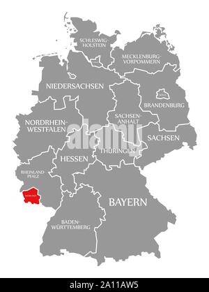 Saarland evidenziata in rosso nella mappa della Germania Foto Stock