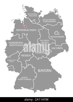 Brema evidenziata in rosso nella mappa della Germania Foto Stock