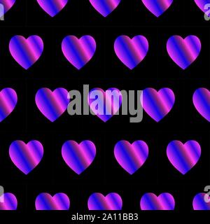 Seamless pattern alla moda con gradiente di neon cuori su nero. Sfondo può essere stampato su prodotti tessili, carta da parati, la carta di avvolgimento, biglietti di auguri, ecc. Illustrazione Vettoriale. EPS10 Illustrazione Vettoriale