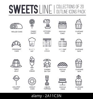 Set di caramelle linea sottile, icone, loghi isolato su bianco. Attrezzatura da cucina, utensili per la cucina, caramelle e pasticcini pittogrammi outline collezione. Pasticceria gli elementi del vettore per una infografica, web. Illustrazione Vettoriale