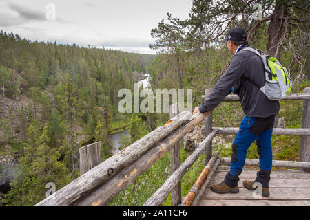 Trekker al punto di vista nella Hossa National Park, Finlandia Foto Stock