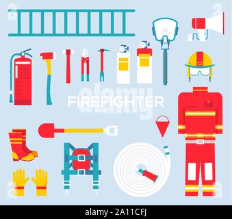 Vigile del fuoco delle apparecchiature e degli strumenti immagini clipart. Set di vigile del fuoco uniforme e icone di marcia, pittogrammi. Oggetti di emergenza gli elementi del vettore per una infografica, web: estintore, scala, tubo flessibile, pala, ax. Illustrazione Vettoriale