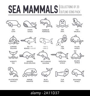 Set di mammiferi marini linea sottile, icone, loghi isolati su sfondo bianco. Abitazione acqua habitants pittogrammi outline collezione. Ocean animali gli elementi del vettore per una infografica, web. Illustrazione Vettoriale