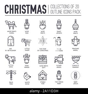 Set di attributi di Natale e la decorazione di una linea sottile icone sul bianco. Vacanze Tradizioni pittogrammi outline collezione. La nascita di Cristo, la santa notte elemento vettore per una infografica, web. Illustrazione Vettoriale