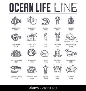 Set di ocean vita sottile linea icone isolati su sfondo bianco. Underwater habitants pittogrammi outline collezione. Piante acquatiche, pesci, animali gli elementi del vettore per una infografica, web. Illustrazione Vettoriale