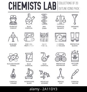 Set di linea sottile, icone, loghi su chimica e di laboratorio medico isolato su bianco. Delineare gli strumenti e le attrezzature del chimico pittogrammi raccolta. Laboratorio di Scienze degli elementi del vettore per una infografica, web. Illustrazione Vettoriale