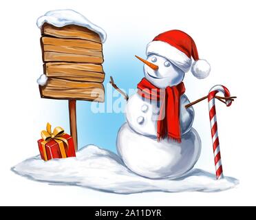 Pupazzo di neve di natale festa di Natale carattere, decorazione di Natale, il cartello in legno blank board, arte illustrazione dipinto con acquerelli. Foto Stock