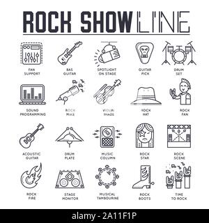 Set di roccia sottile mostra le icone della linea isolata su bianco. Vestiti, strumenti, attrezzature dei cantanti e dei lettori musicali pittogrammi outline collezione. Intrattenimento gli elementi del vettore per una infografica, web. Illustrazione Vettoriale