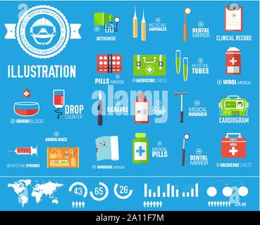Attrezzature mediche e farmacia icone piana, pittogrammi isolato su sfondo blu. Assistenza sanitaria e gli strumenti del trattamento. Primo soccorso, servizio di emergenza gli elementi del vettore per una infografica, web. Illustrazione Vettoriale