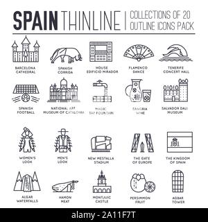 Set di simboli culturali e attrazioni turistiche di Spagna sottile linea icone sul bianco. Architettura pittogrammi outline collezione. I punti di riferimento, la cucina e le tradizioni degli elementi del vettore per una infografica, web. Illustrazione Vettoriale