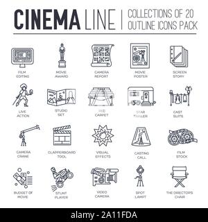Set di cinema linea sottile, icone, loghi isolati su sfondo bianco. La preparazione della pellicola, produzione ed editing di pittogrammi outline collezione. La vita di attori gli elementi del vettore per una infografica, web. Illustrazione Vettoriale