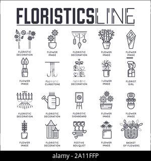 Set di decorazioni floristiche sottile linea icone isolato su bianco. Negozio di fiori, botanic mercato pittogrammi outline collezione. Fiori e piante logotipi. Vettore di elementi di giardinaggio per una infografica, web. Illustrazione Vettoriale