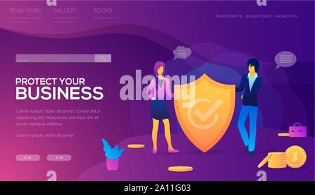 Proteggi il tuo business landing page template vettoriale. Scuola di business sito web Concetto piana. Lavoratore di ufficio con testa di animale. Compagnia di assicurazione. I personaggi dei cartoni animati in giacca. Banner Web con spazio di testo Illustrazione Vettoriale