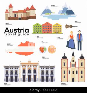 Austria travel guide modello. Insieme di punti di riferimento austriaci, cucina, tradizioni icone piana, pittogrammi sul bianco. Le attrazioni turistiche e il simbolo culturale elementi vettoriali per il turista una infografica, web. Illustrazione Vettoriale