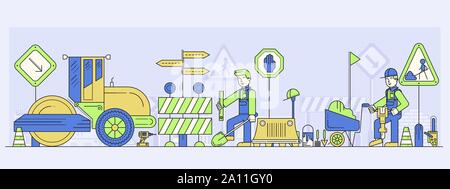 I lavoratori di costruzione o riparazione di strada, la posa di asfalto. Processo di costruzione dell'autostrada allineamento con i segni del traffico, macchina di pavimentazione, carrello, trapani, pale, compattatore, strumenti. Vettore illustrazione piana. Illustrazione Vettoriale