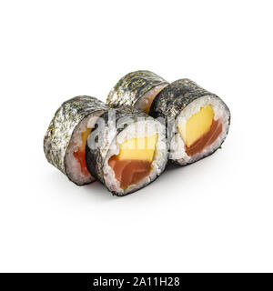 Maki Sushi diversi tipi isolati su sfondo bianco Foto Stock