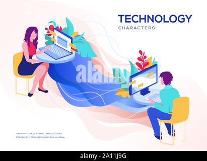 Analisi dei dati e di situazioni di office. Isometrica illustrazione vettoriale. Landing page concetto. La gente volare e creare il profilo di un cliente in un'applicazione mobile. Illustrazione Vettoriale