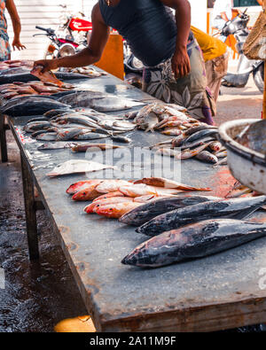 La vendita al dettaglio di pesce sul contatore di sporco al mercato del pesce, intorno alla gente che guarda e scegliere il pesce. Foto Stock