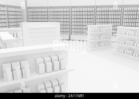 3D Rendering illustrazione. Pulire farmacia opinioni su bianco backgorund per la presentazione e la mockup blueprint. Vista architettonica di interni moderni Foto Stock