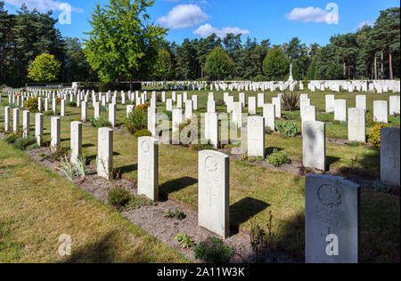 Righe di lapidi nella sezione canadese del cimitero militare di Brookwood cimitero di Pirbright, Woking, Surrey, Inghilterra sudorientale, REGNO UNITO Foto Stock