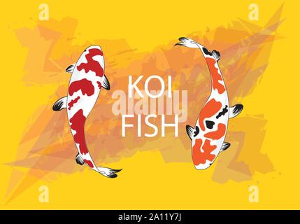 Colorato Carpe Koi pesci illustrazione vettore grafico - pesci Koi rosso, nero e giallo sul modello astratto mastrad sfondo giallo con copia spazio f Illustrazione Vettoriale