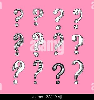 Set di disegnati a mano doodle interrogativi. Cartoon interrogativi in grunge stile di tessitura. Illustrazione Vettoriale. Illustrazione Vettoriale