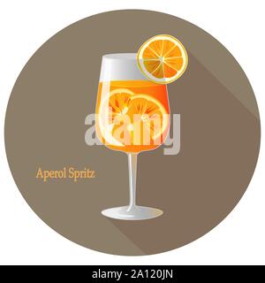 Disegnata a mano illustrazione vettoriale di Aperol Spritz cocktail alcolici con un agrume fetta di arancia decorazione, in un cerchio di colore marrone con lunga ombra e testo. B Illustrazione Vettoriale
