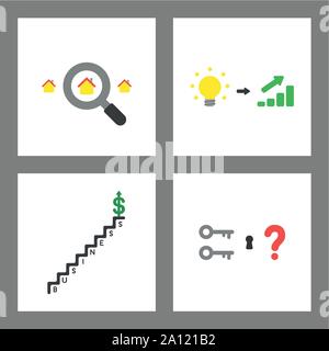 Icona vettore concetto set. Home Ricerca, idea lampadina e aumentare le vendite, dollaro fino sulla cima di business scale, due chiavi e serratura. Illustrazione Vettoriale