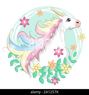Unicorn faccia. Pony belle facce unicorns, corno magico in arcobaleno ghirlanda di fiori e pony simpatico testa di ciglia, fairytale arcobaleno cartoon magica isola Illustrazione Vettoriale