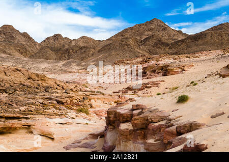 Canyon del deserto su uno sfondo di montagne e il cielo blu con nuvole bianche Foto Stock