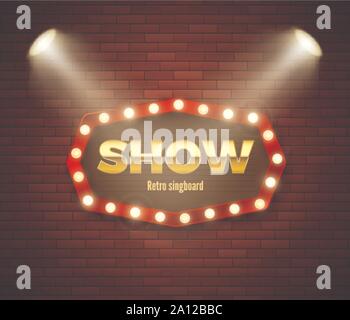 Insegna retrò con luci. Banner di pubblicità sul muro di mattoni sotto la luce dei riflettori. Illustrazione Vettoriale Illustrazione Vettoriale