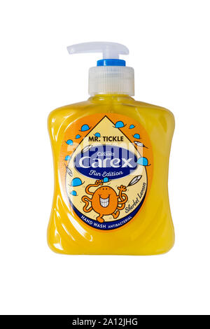 Bottiglia di Carex Cussons Mr Tickle sorbetto di limone antibatterico per lavaggio a mano isolati su sfondo bianco Foto Stock