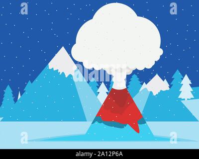 Eruzione del vulcano inverno paesaggio di montagna con cime innevate. Design in uno stile piatto. Illustrazione Vettoriale Illustrazione Vettoriale