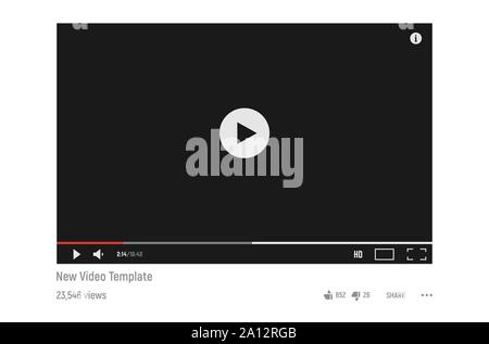 Semplice e classico stile dark video player modello. Modello per video web player in colori scuri. Illustrazione Vettoriale