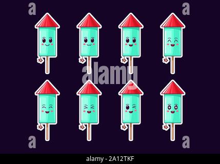 Cartoon Kawaii fuochi d' artificio rocket, Natale di adesivi. Nuovo anno e Xmas collezione di fuochi d'artificio carino con bruciare il fusibile e di emozioni. Festive Characte Illustrazione Vettoriale