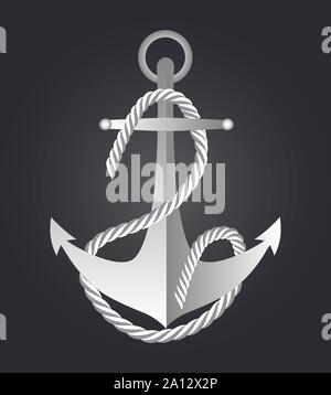 Elemento di ancoraggio con sbandieratori cima nautica. Navy, emblema della flotta vettore su sfondo nero Illustrazione Vettoriale